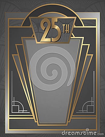 25th anniversary Art Deco Invitation Flyer Poster Art Elegant Gold Silver Stock Photo