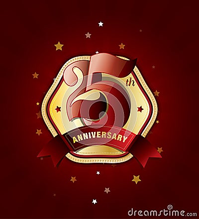 25th Anniversary Badge with Red Ribbon on Abstract Background Vector Illustration