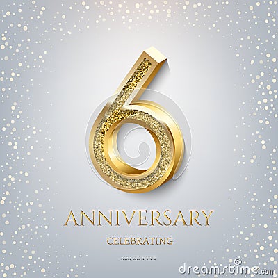 6th Anniversary Celebrating golden text and confetti on light blue background. Vector celebration 6 anniversary event Vector Illustration