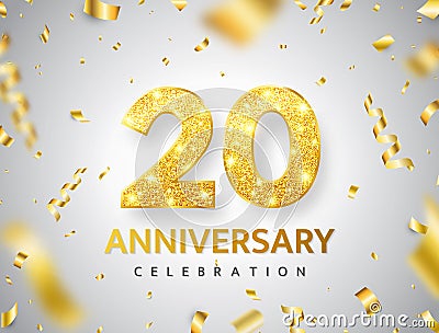 20th anniversary celebration. Gold numbers with glitter gold confetti, serpentine. Festive background. Decoration for party event Vector Illustration