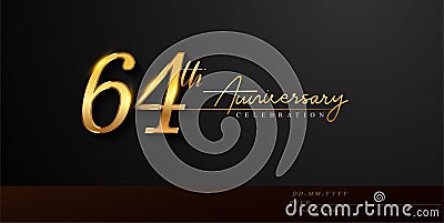64th anniversary celebration logotype with handwriting golden color elegant design isolated on black background. vector Vector Illustration
