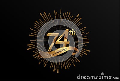 74th anniversary logotype with fireworks and golden ribbon, isolated on elegant background. vector anniversary for celebration, Vector Illustration
