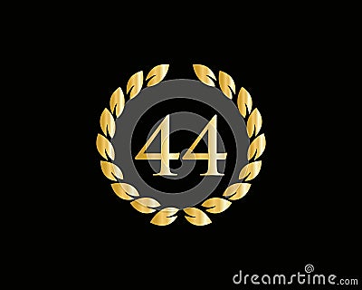 44th Anniversary Ring Logo Template. 44th Years Anniversary Logo With Golden Ring Isolated On Black Background, For Birthday, Vector Illustration