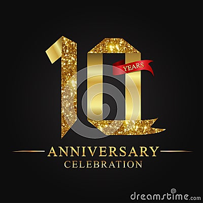 10th anniversary years celebration logotype. Logo ribbon gold number and red ribbon on black background. Vector Illustration