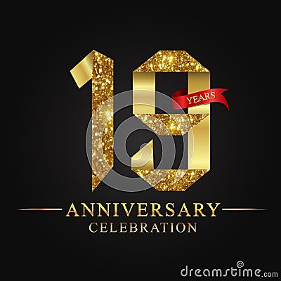 19th anniversary years celebration logotype. Logo ribbon gold number and red ribbon on black background. Vector Illustration