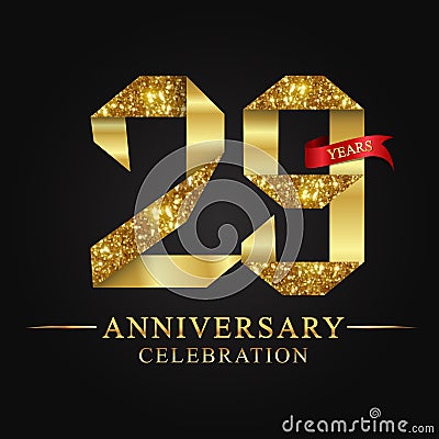 29th anniversary years celebration logotype. Logo ribbon gold number and red ribbon on black background. Vector Illustration