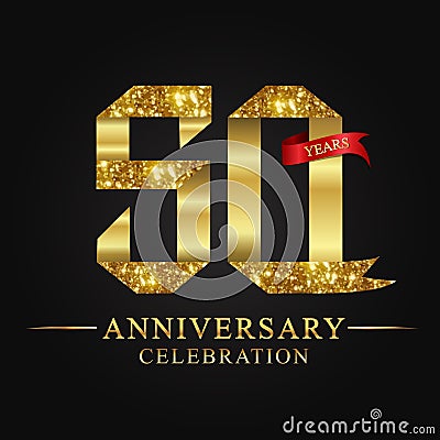 50th anniversary years celebration logotype. Logo ribbon gold number and red ribbon on black background. Vector Illustration