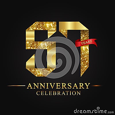 57th anniversary years celebration logotype. Logo ribbon gold number and red ribbon on black background. Vector Illustration