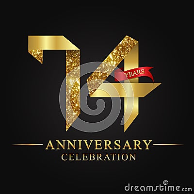 74th anniversary years celebration logotype. Logo ribbon gold number and red ribbon on black background. Vector Illustration
