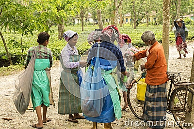 6th April, 2022, Dhupjhora, West Bengal, India: An old man serving dinking water to the female tea garden labours near the Editorial Stock Photo