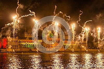 A magical night in Budapest with firework Stock Photo