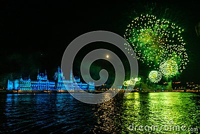 A magical night in Budapest with firework Stock Photo