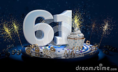 61th birthday or anniversary cupcake with big white number with yellow streamers on blue table with dark background full of sparks Cartoon Illustration