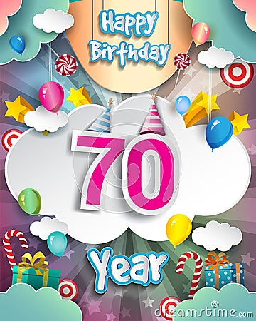 70th Birthday Celebration greeting card Design, with clouds and balloons. Vector elements for anniversary celebration Vector Illustration