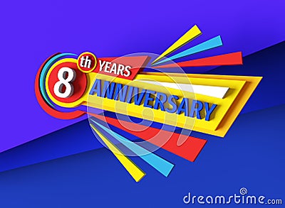 8 th birthday - 3d rendering banner logo design. Eight years anniversary badge emblem. Congratulatory creative layout. Abstract Cartoon Illustration