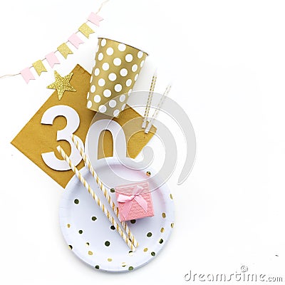 30th Birthday party decoration. Flat lay, Stock Photo