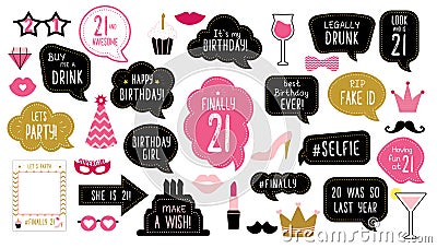 21th birthday party photo booth props set Vector Illustration