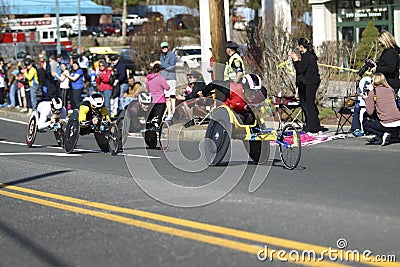 118th Boston Marathon took place in Boston, Massachusetts, on Monday, April 21 Patriots Day 2014. Disabled Wheelchair Riders Editorial Stock Photo