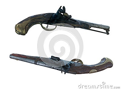 18th Century antique flintlock pistols isolated over white Stock Photo