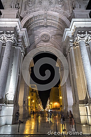 Front view of the Arco da Rua Augusta in Lisbon at night Editorial Stock Photo