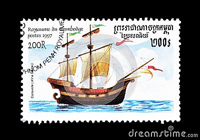 15th Century Caravel on postage stamp Editorial Stock Photo