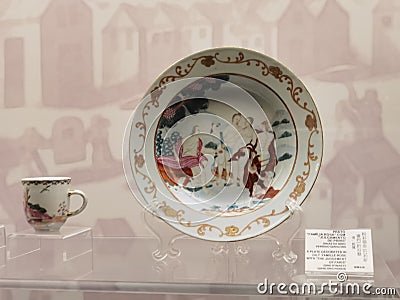 19th Century China Macau Antique Guangcai Canton Enamel with Gold Porcelain Dish Macao Museum Editorial Stock Photo