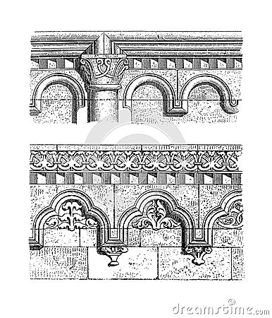 Lombard bands from Jak Church and Heiligenkreuz Abbey | Antique Architectural Illustrations Cartoon Illustration