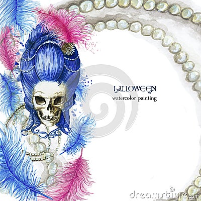 a 16th century lady in a high blue wig, a female human skull Vector Illustration