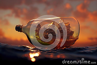 Miniature pirate ship in glass bottle Stock Photo