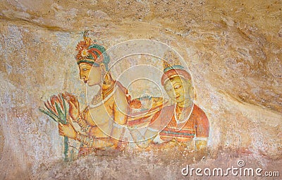 5th Century Sigiriya Rock Cave Wall Paintings, Sri Lanka Stock Photo