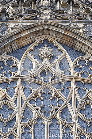 14th century St. Vitus Cathedral , facade, window with stained stained glass, Prague, Czech Republic Stock Photo