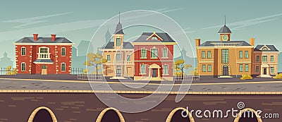 19th century town street with european buildings Vector Illustration