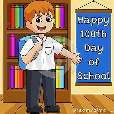 100th Day Of School Student with Bag Colored Vector Illustration