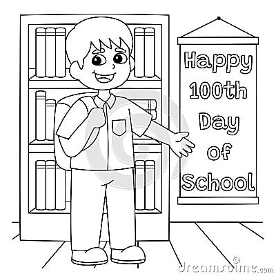 100th Day Of School Student with Bag Coloring Page Vector Illustration