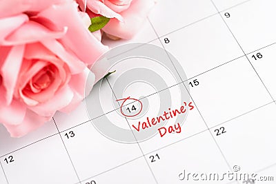 14th Feb Valentine`s Day Marked on Calendar Date Stock Photo