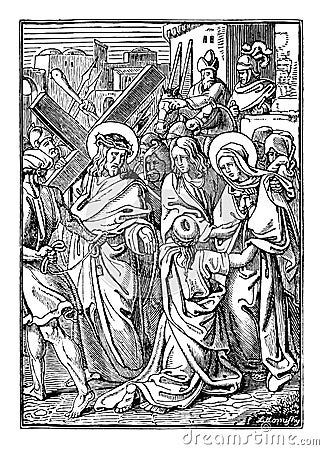 Vintage Antique Religious Biblical Drawing or Engraving of Jesus and 4th or Fourth Station of the Cross or Way of the Stock Photo