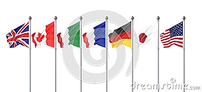 45th G7 summit , August 24â€“26, 2019 in Biarritz, Nouvelle-Aquitaine, France. 7 flags of countries of Group of Seven - Canada, Cartoon Illustration