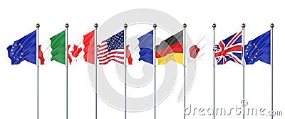 45th G7 summit , August 24â€“26, 2019 in Biarritz, Nouvelle-Aquitaine, France. 7 Silk waving flags of countries of Group of Seven Cartoon Illustration