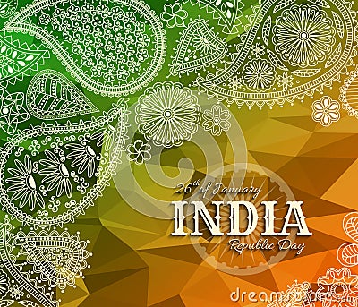 26th of January India Republic Day. Greeting card with paisley ornament Vector Illustration