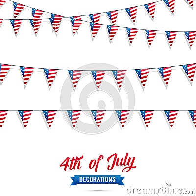 4th of July. Decoration set of USA flag garlands. Fourth of July vector illustration. Vector Illustration