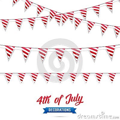 4th of July. Decoration set of USA flag stripes garlands. Fourth of July vector illustration. Vector Illustration