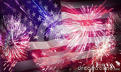 4th of July Fireworks Display and USA Flag Stock Photo