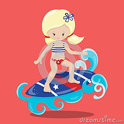4th of july girl surf blonde 01 Cartoon Illustration