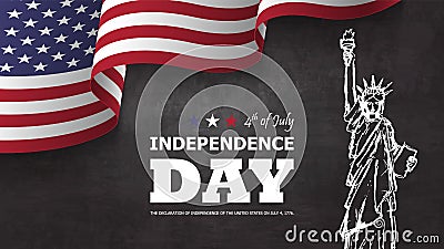 4th of July happy independence day of america background . Statue of liberty drawing design with text and waving american flag at Vector Illustration