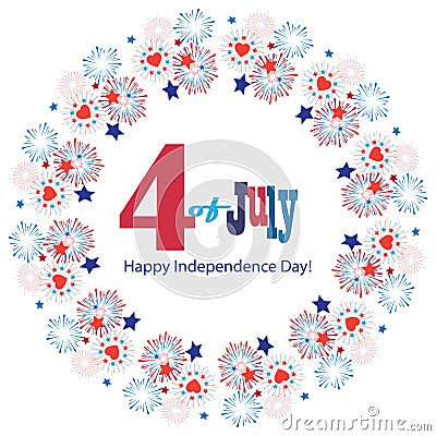 4th of July Happy Independence Day symbols icons card Patriotic American flag, stars fireworks confetti sign vector Vector Illustration