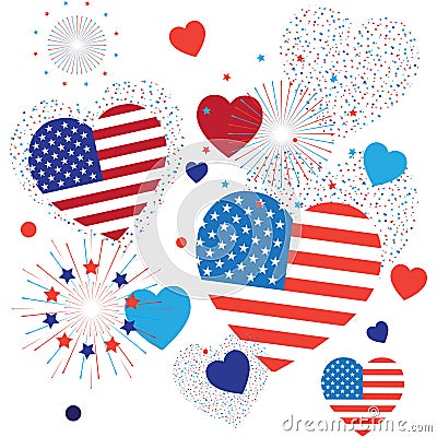 4th of July Happy Independence Day symbols icons set Patriotic American flag, stars fireworks confetti balloons ribbon pattern Vector Illustration