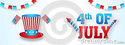 4th Of July header or banner design with illustration of uncle sam hat, American Flags. Cartoon Illustration