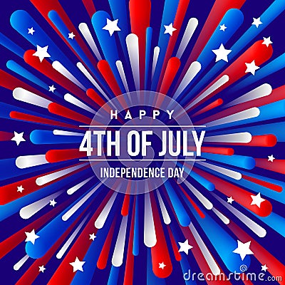 4th of July, Independence day - greeting design with USA patriotic colors firework burst rays. Vector Illustration