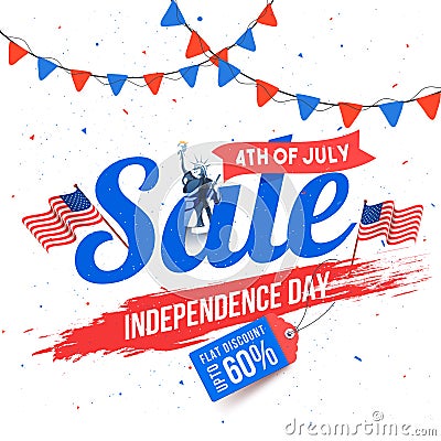 4th of July, Independence Sale Design with 60% Off Offer, American National Flags. Stock Photo