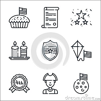 th of july line icons. linear set. quality vector line set such as moon, patriot, usa, kite, shield, candles, garlands, usa Vector Illustration